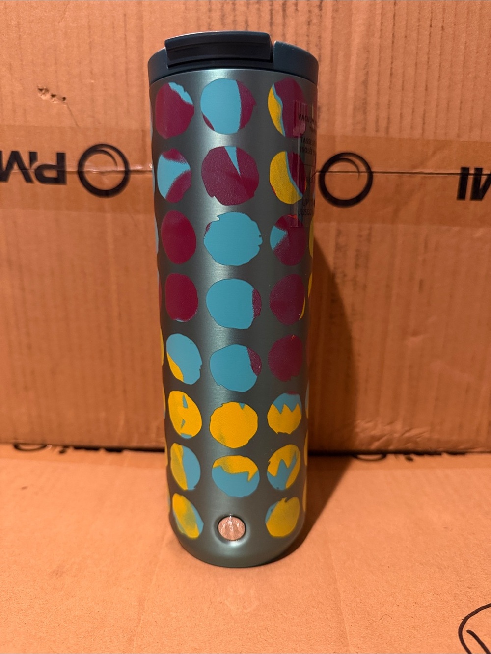 Starbucks Teal Travel Tumbler with Yellow & Burgundy Dot Pattern